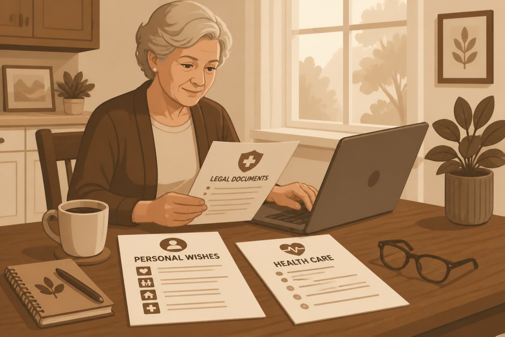 An older adult sitting at a kitchen table with a cup of coffee, reviewing printed documents and using a laptop, with reading glasses resting nearby on the table, warm afternoon light coming through a window behind them