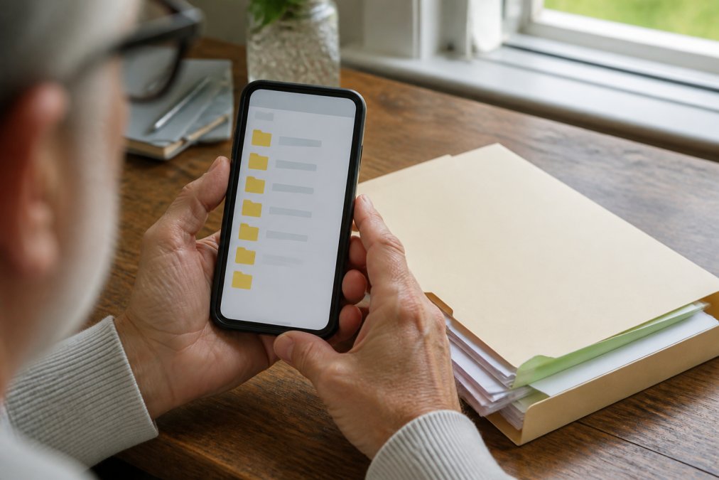 Close-up of a person's hands holding a smartphone displaying a document storage app, with a manila folder of physical papers visible on the desk beside them, soft natural light from a nearby window
