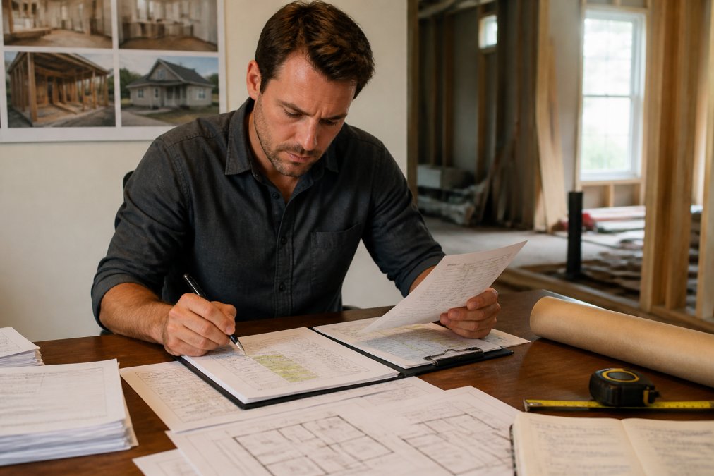 Real estate investor reviewing detailed renovation budget spreadsheet and contractor estimates at desk with construction site photos and property blueprints visible on the wall