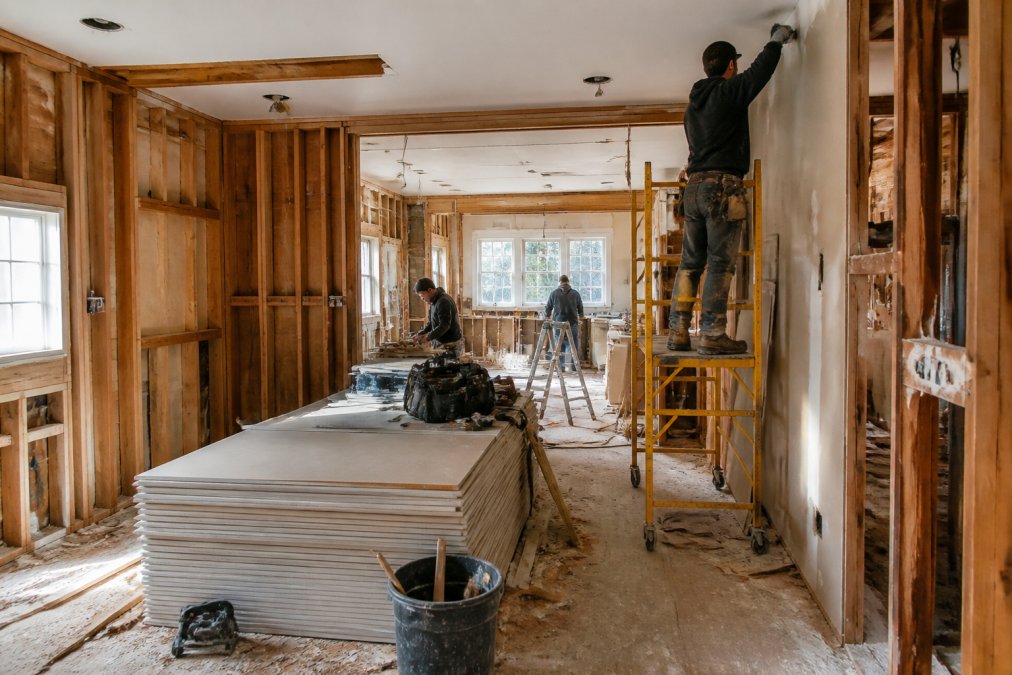 Construction crew actively working on interior renovation of residential property with visible materials, tools, and scaffolding on site during active work phase