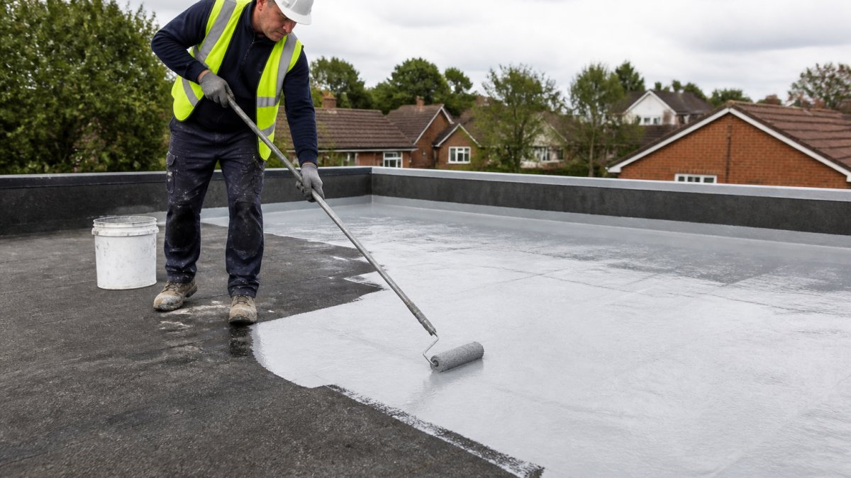Professional roofer applying liquid rubber waterproofing coating to flat roof surface using roller, showing wet coating application on prepared substrate with safety equipment visible