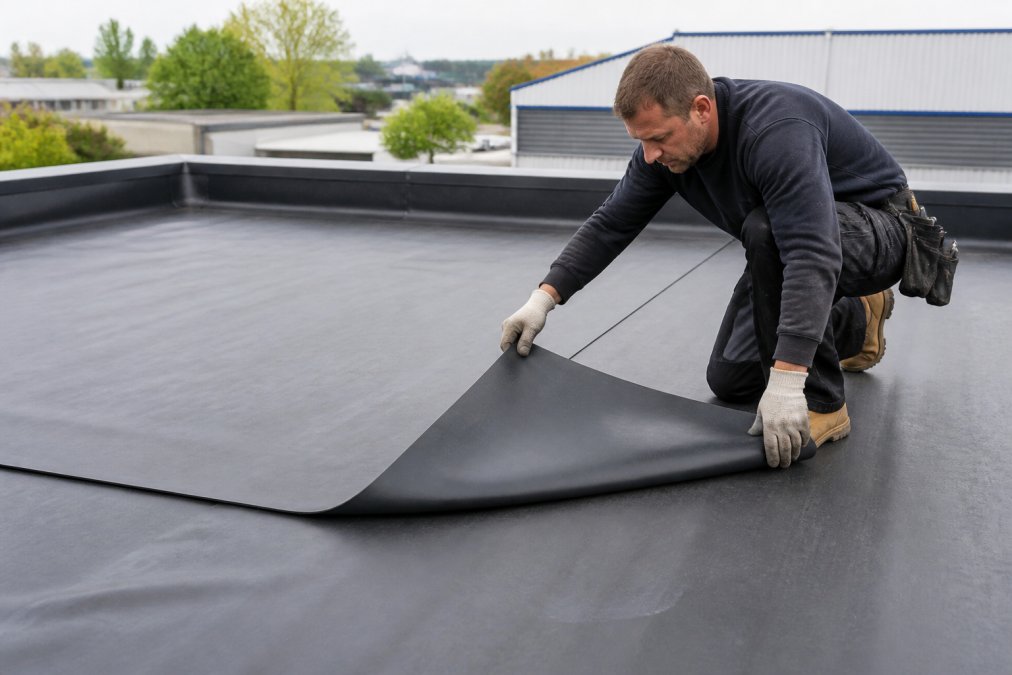 Professional roofing installer carefully applying EPDM rubber membrane to a commercial flat roof, showing the black synthetic material being positioned and sealed, with natural daylight illuminating the work