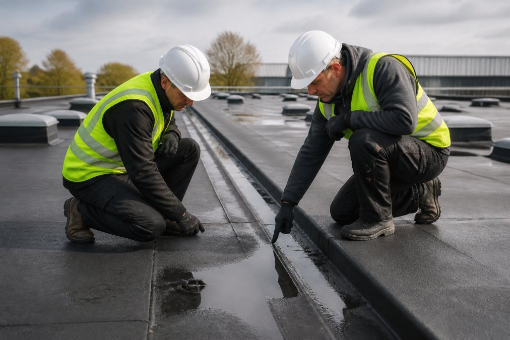 Two experienced roofing professionals in safety equipment inspecting a commercial flat roof, checking seams and drainage channels during routine maintenance, with clear daylight visibility of the roof surface