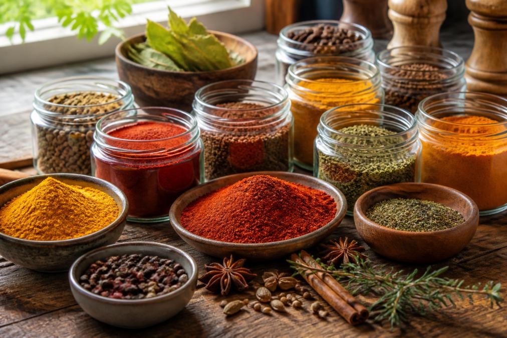 Close-up of colorful spices in glass jars and bowls arranged on a wooden kitchen counter, showing vibrant deep reds, golden yellows, rich browns, and earthy greens, with whole spices and fresh herb sprigs scattered nearby in natural window light