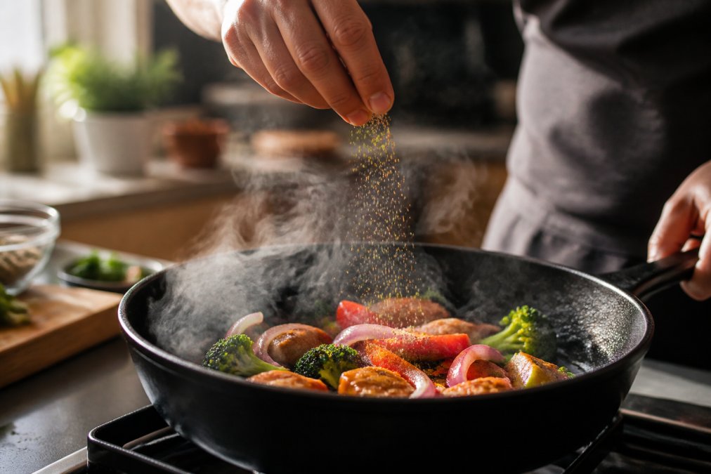 Home cook's hands sprinkling spices into a sizzling pan with fresh vegetables and protein, steam rising visibly, warm kitchen lighting casting soft shadows in the background