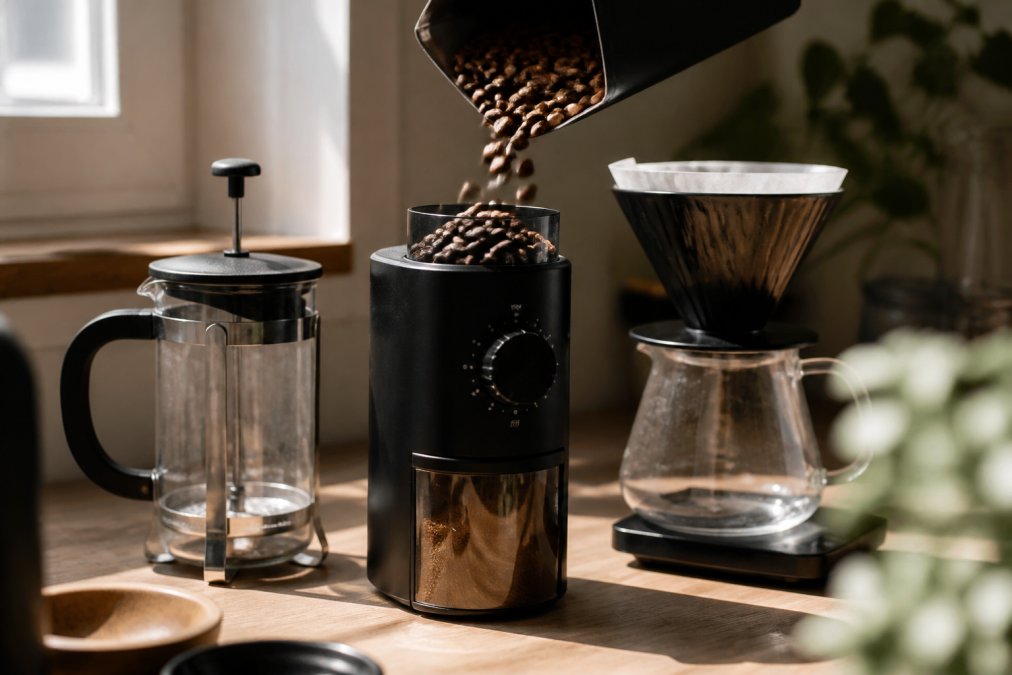 Freshly roasted flavored coffee beans being poured into a burr grinder near a French press in morning light.