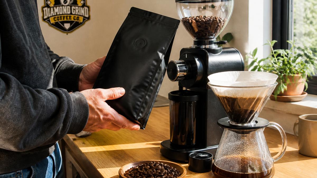 Close-up of hands holding a matte black coffee bag next to a burr grinder and a glass pour-over carafe on a light wood kitchen counter, morning window light