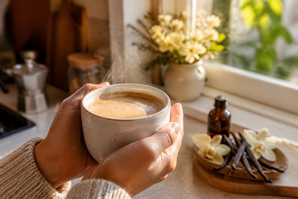 Steaming mug of vanilla-flavored coffee with rich cream-colored crema, hands holding the warm cup in a cozy morning kitchen with soft natural light streaming through a window