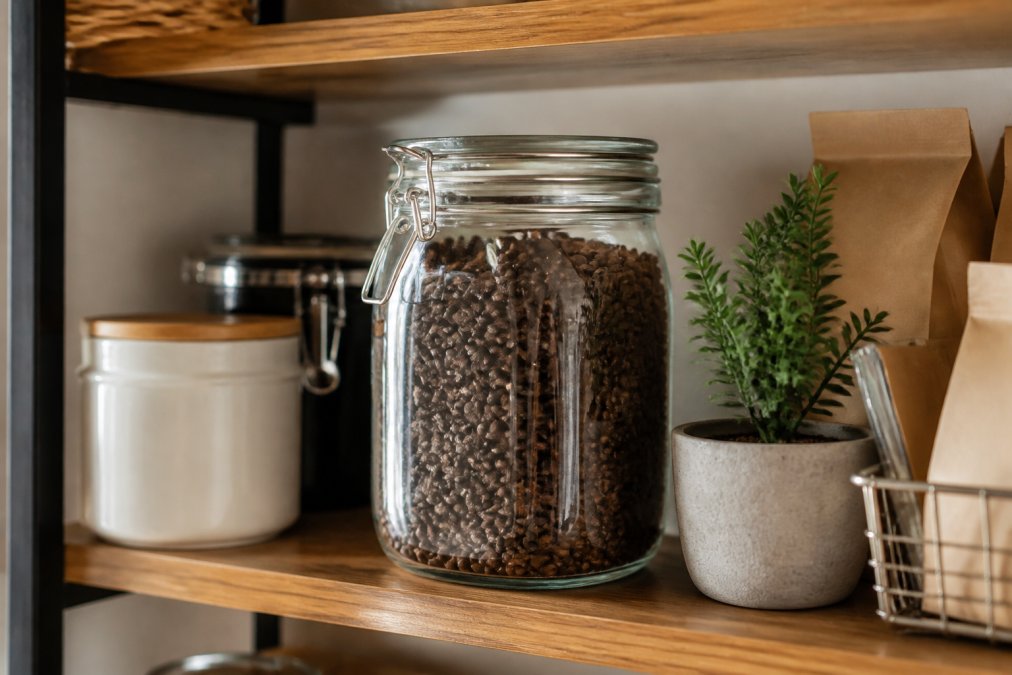 Glass airtight storage container filled with medium roast flavored coffee beans, roast date label clearly visible on the container, sitting on a kitchen shelf away from direct sunlight in a cool, organized pantry space