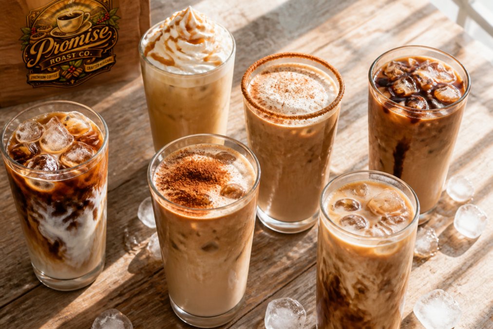 Overhead shot of various iced coffee drinks in tall glasses with different flavor profiles, caramel-colored liquid with cream swirls, vanilla-topped with whipped cream, cinnamon-dusted rim, arranged on a light wooden table with ice cubes scattered nearby and natural window light creating shadows