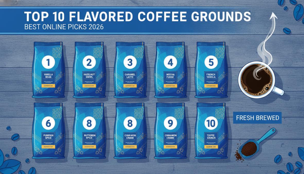 Flat lay of several bags of gourmet flavored coffee grounds arranged on a rustic wooden table alongside a ceramic mug of freshly brewed coffee with steam rising, warm natural light from a side window