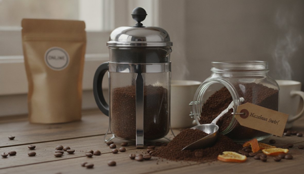 Close-up of hands pouring hot water from a gooseneck kettle into a French press filled with dark coffee grounds, a drip coffee maker and measuring spoon visible in the background on a clean white kitchen counter, warm morning light