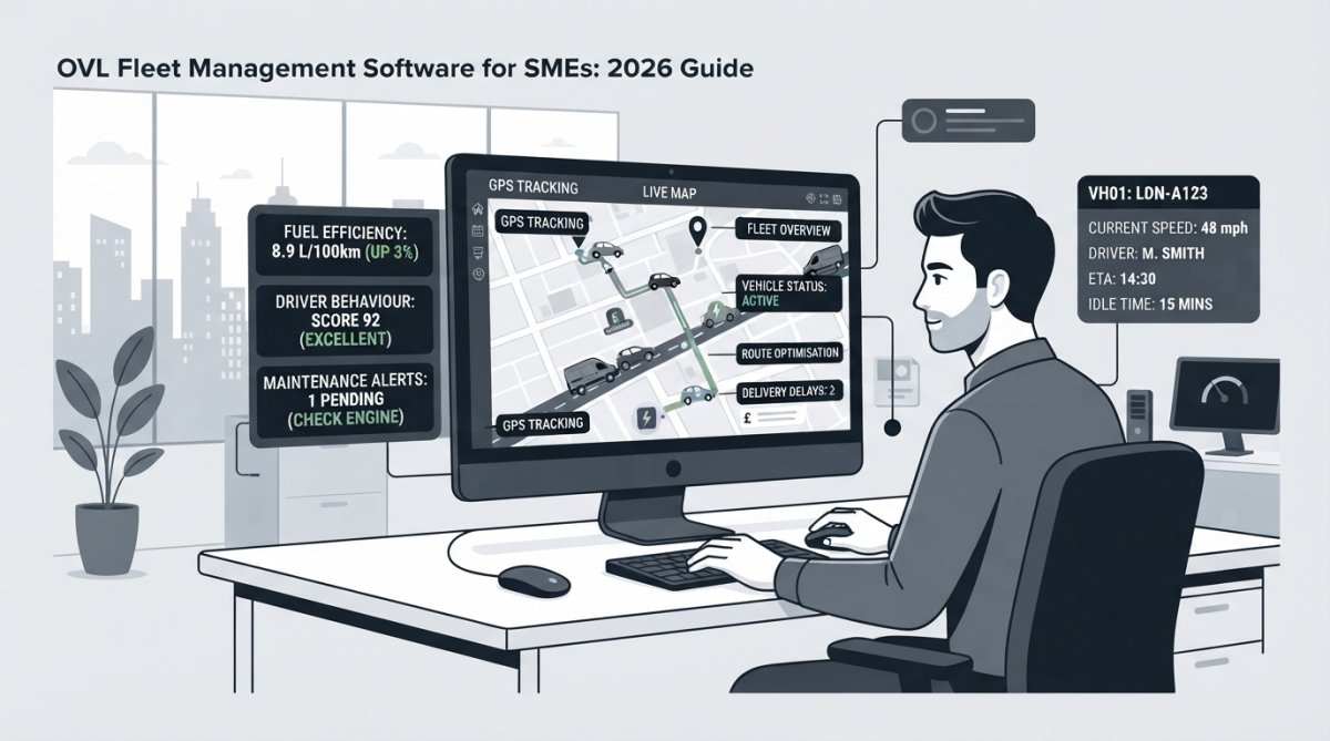 Feature overview showing Fleet manager reviewing vehicle tracking data on a computer screen in a modern office, with multi...