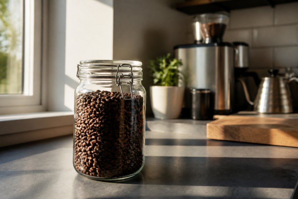 Freshly roasted coffee beans in an airtight glass container with a sealed lid, placed on a kitchen counter with natural morning light streaming through a window, away from direct heat