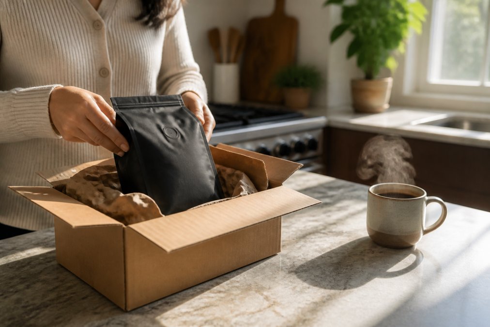 A package of premium whole bean coffee being carefully unboxed on a kitchen counter, with a steaming cup of freshly brewed coffee in the background and morning light illuminating the scene
