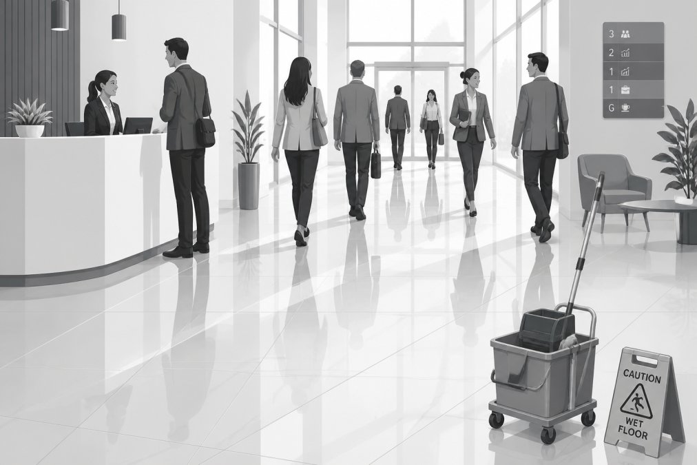 Busy office reception area with multiple staff and visitors walking across polished hard floors, showing high foot traffic and well-maintained surfaces under bright natural lighting