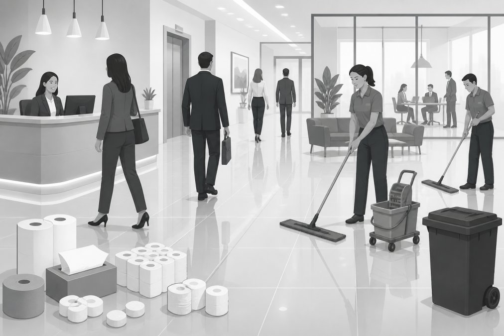 Infographic comparing the best floor cleaner for high traffic offices using data on durability in busy reception areas.