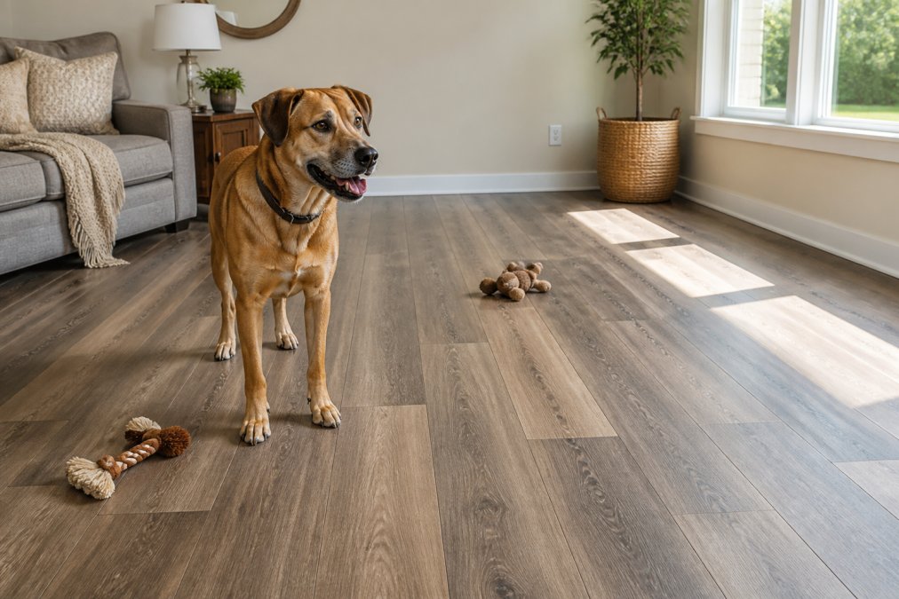 Medium-sized dog standing on luxury vinyl plank, the best flooring for homes with pets, in a sunny living room.