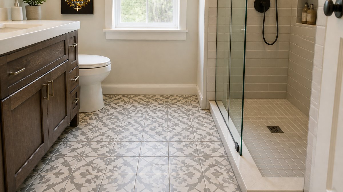 Patterned porcelain tile in a small bathroom, the best flooring for small bathroom remodel projects with a shower.