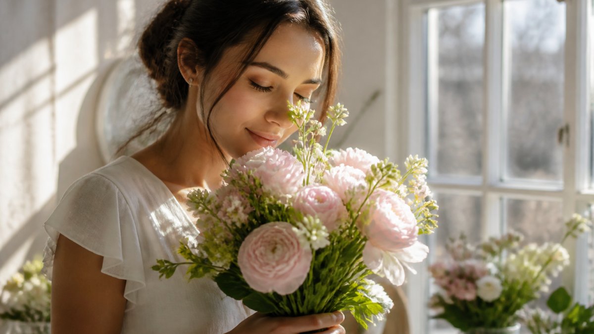 Woman holding a delicate spring flower bouquet with soft morning sunlight filtering through fresh blooms, capturing the essence of light floral fragrances