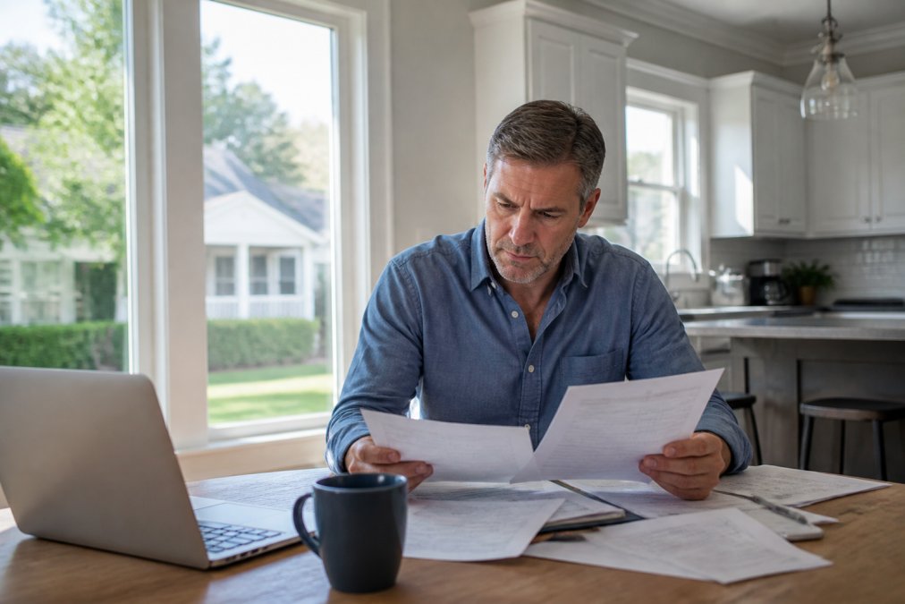 Homeowner reviewing insurance documents and policy papers at kitchen table with laptop and natural sunlight streaming through windows, residential home visible outside