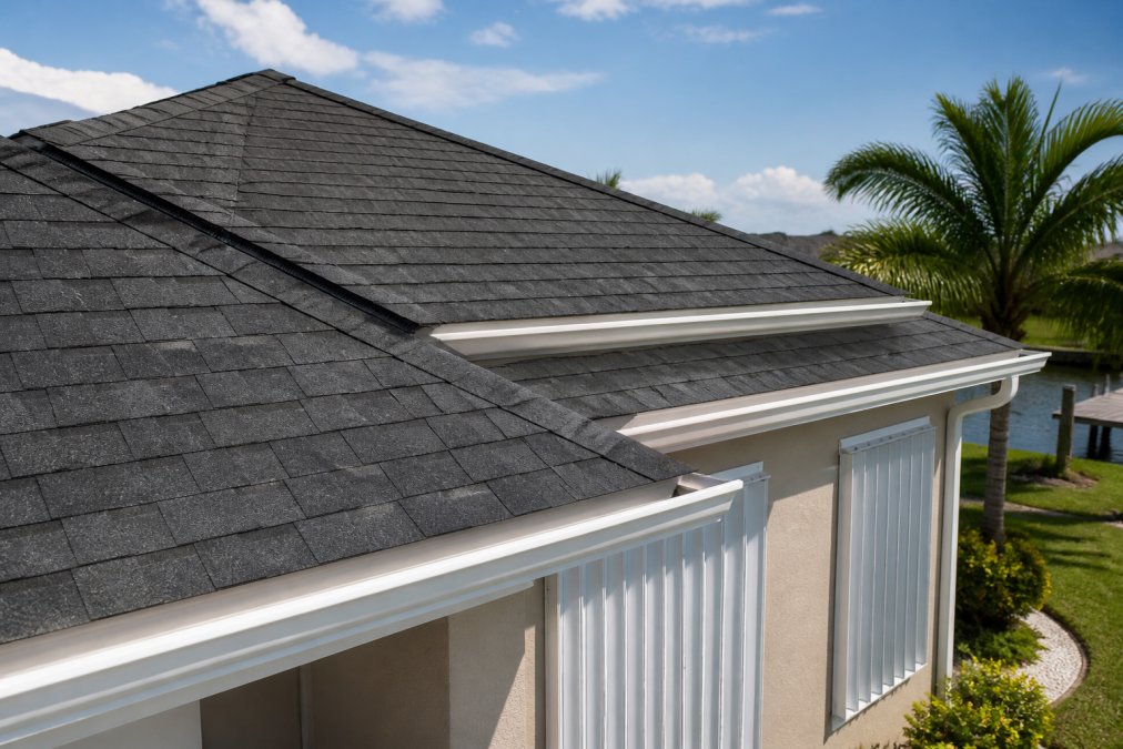 Close-up of residential roof with hurricane-resistant shingles and reinforced structure, storm shutters visible on home exterior, protective improvements for wind mitigation