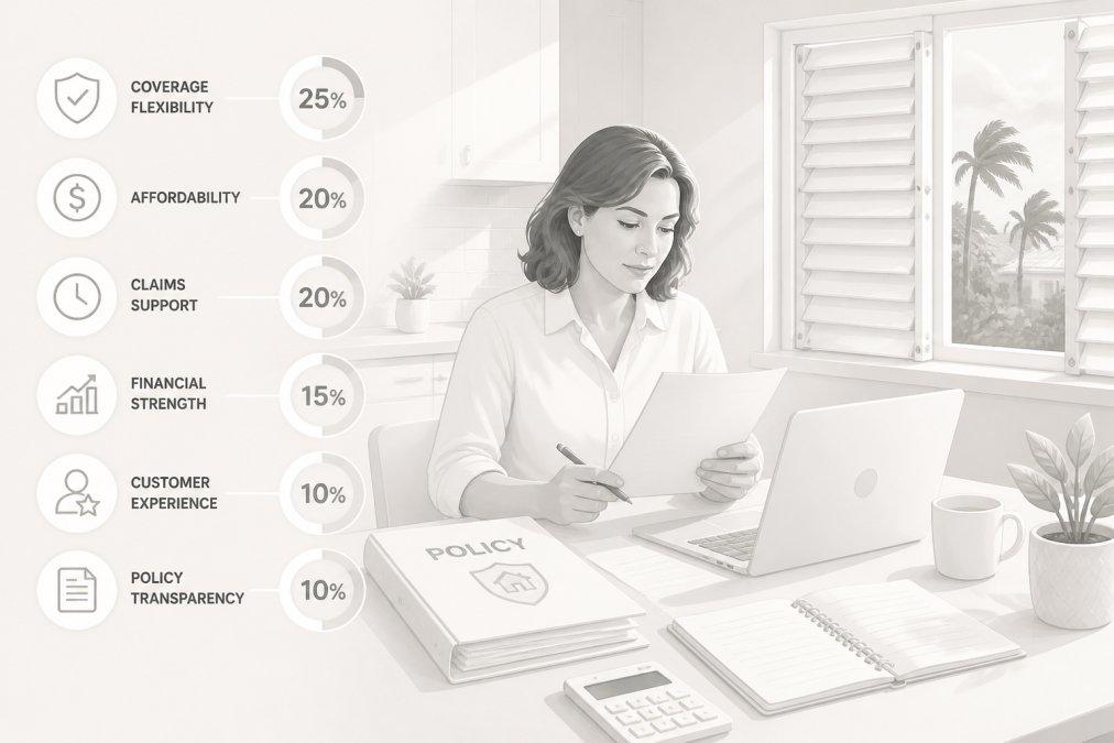 Florida homeowner reviewing insurance policy documents at kitchen table with laptop, hurricane shutters visible through window behind them, afternoon sunlight streaming in