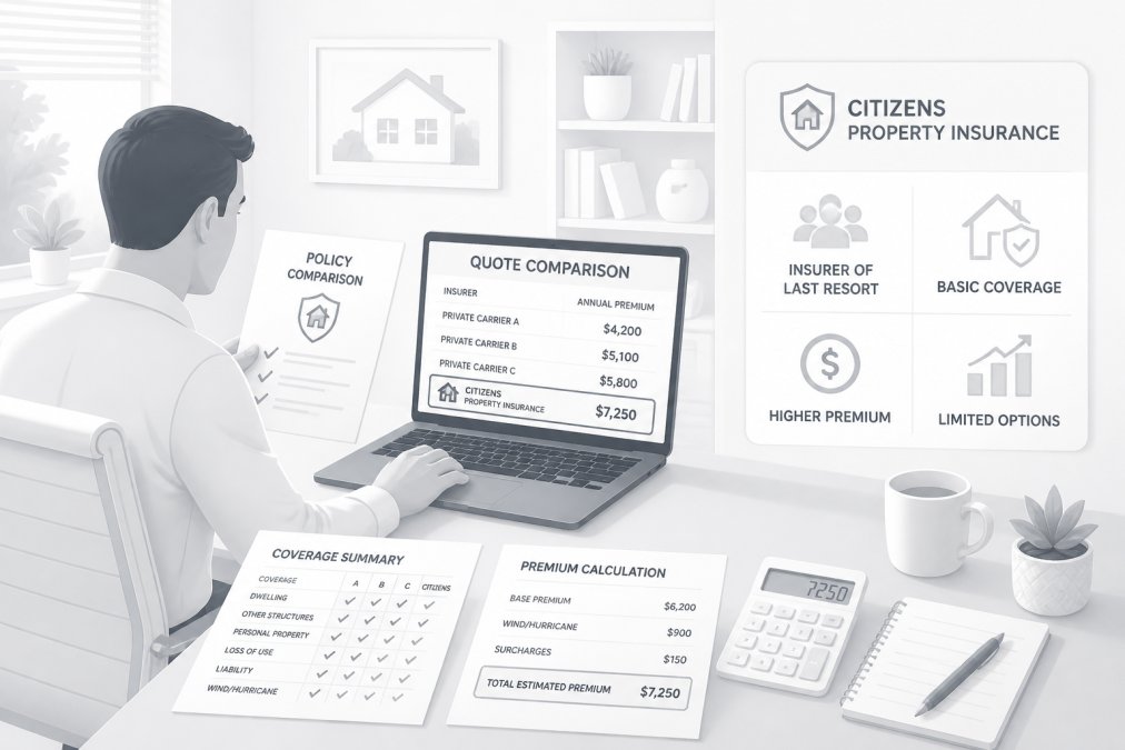 Homeowner in home office reviewing insurance documents and comparing quotes on laptop, papers spread across desk showing policy comparisons and premium calculations