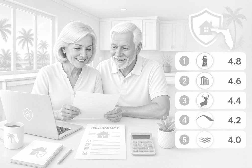 A smiling senior couple sitting at a kitchen table reviewing insurance documents together, with a laptop open and papers spread out in front of them in a bright, sunlit Florida home