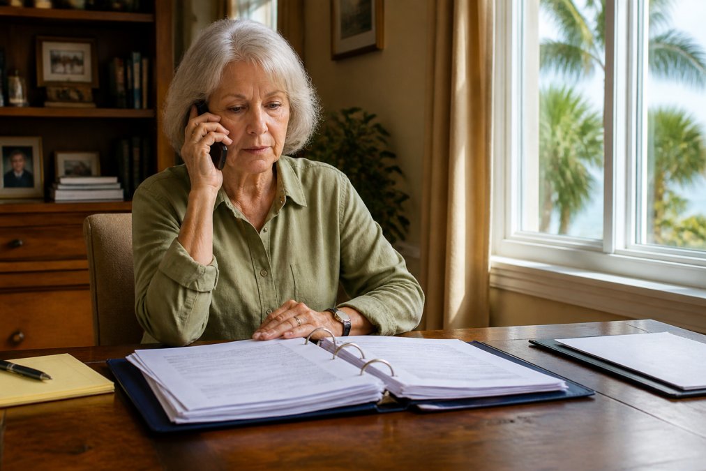 A senior woman seated at a well-lit home office desk, speaking calmly on the phone with an insurance agent, an open folder of policy documents spread in front of her, afternoon light coming through a window