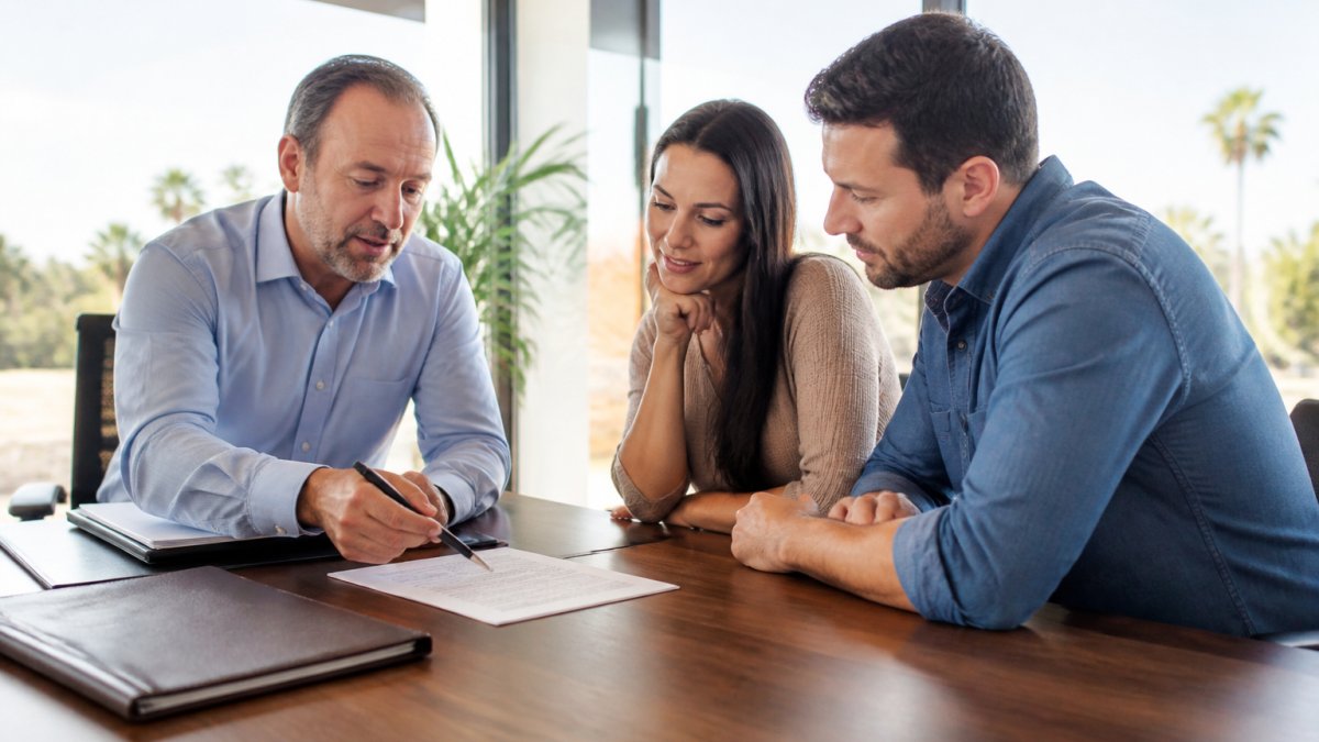Professional insurance agent discussing policy details with a homeowner couple at a desk in a bright office setting with natural light