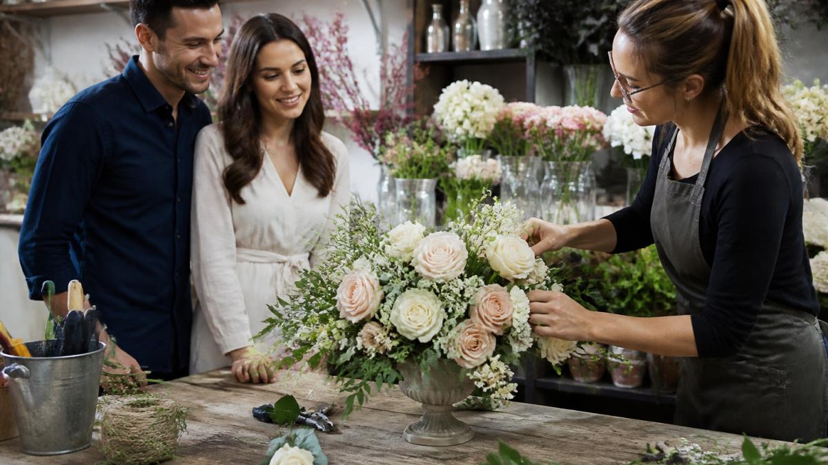 A professional florist arranging a lush centerpiece of garden roses and greenery on a table in a bright studio, with a couple observing and smiling