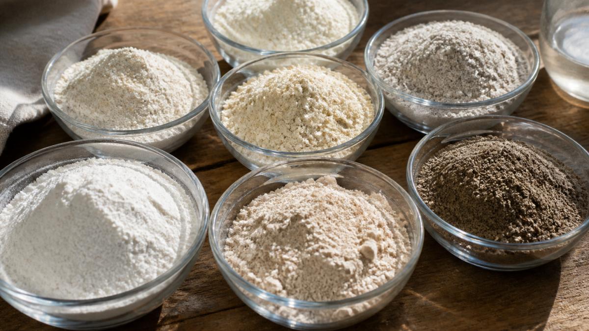 Close-up of seven different flour types in clear glass bowls arranged on a wooden surface, showing distinct color and texture variations from pale all-purpose to deep brown rye flour, with natural morning light casting soft shadows