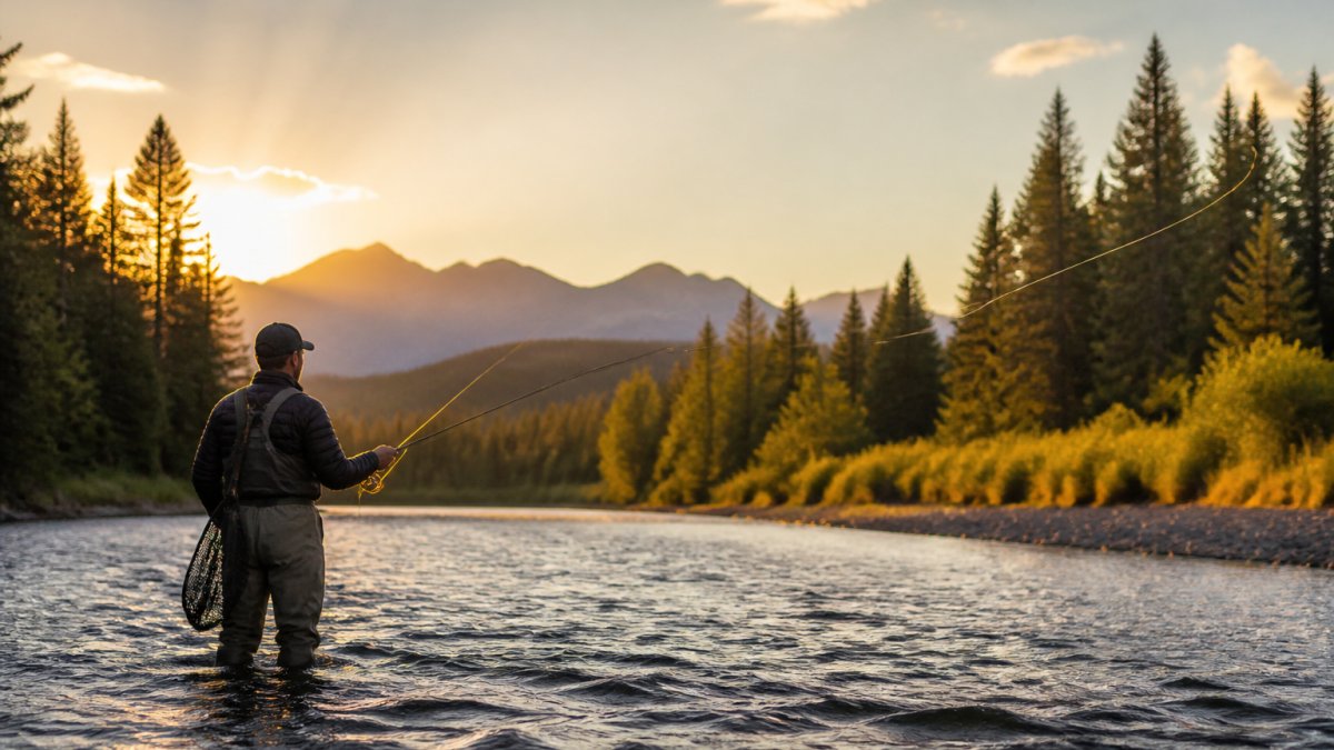 Angler in waders standing mid-river at sunrise, fly rod extended mid-cast with forested banks and distant mountains in golden light