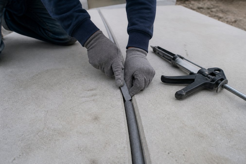 Close-up of hands pressing a gray foam backer rod into a concrete expansion joint using a blunt flat tool, with a caulking gun resting nearby on the slab surface