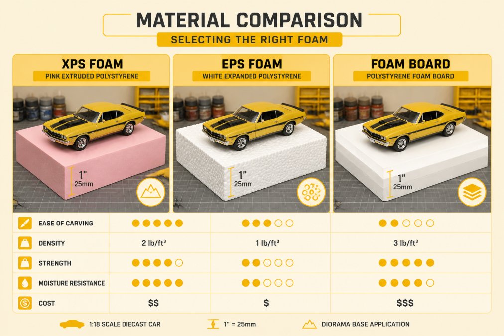Three foam samples (pink XPS, white EPS, and foam board) positioned side by side on a work surface with a 1:18 scale diecast car placed on each sample to show relative scale and texture differences
