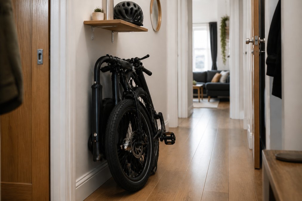 A folded e-bike stored vertically in a narrow hallway of a compact flat with a helmet resting on a shelf above.