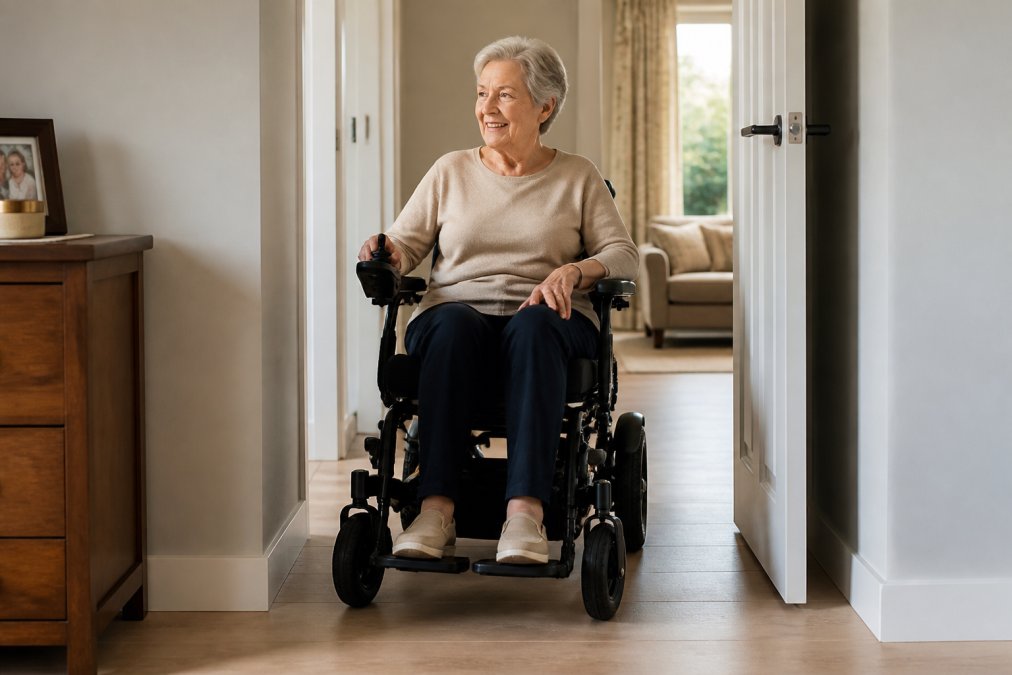 Senior using a joystick controller on a folding powerchair indoors, navigating through a doorway to show manoeuvrability and ease of use in home settings, with warm interior lighting