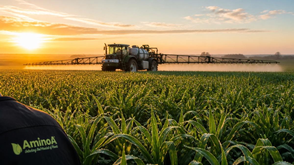 A tractor with a mounted sprayer working across a green wheat field in the early morning, with dew visible on the leaves and soft low sunlight