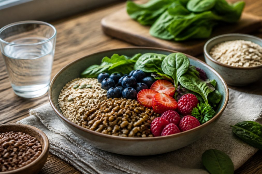 A colourful bowl of high-fibre foods including lentils, oats, berries, and leafy greens on a wooden kitchen table, with a glass of water nearby