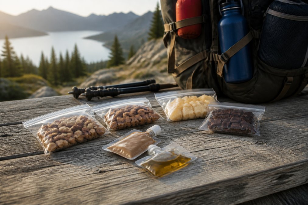 Infographic showing calorie-dense multi-day hiking food options like nuts, nut butter, and olive oil on a table.
