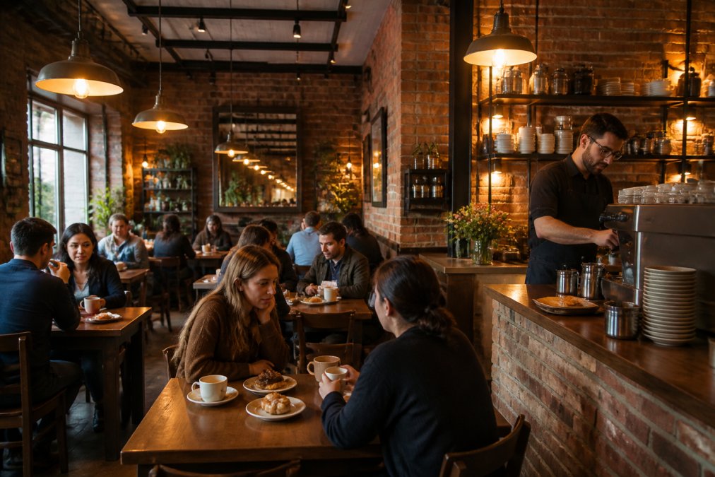Cosy independent cafe interior with exposed brick walls, warm golden lighting from vintage pendant lamps, wooden tables scattered with customers enjoying coffee and fresh pastries, barista steaming milk at an espresso machine in the background