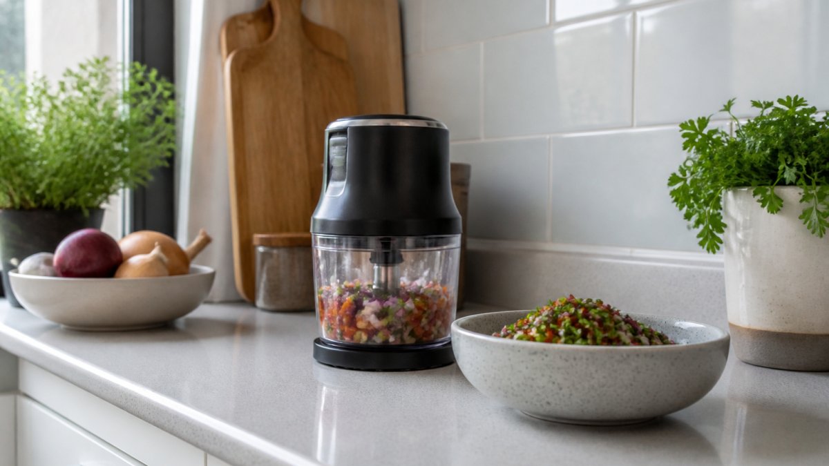 A compact mini food processor sitting on a small kitchen counter next to a bowl of chopped vegetables and herbs, with limited counter space visible in a bright apartment kitchen