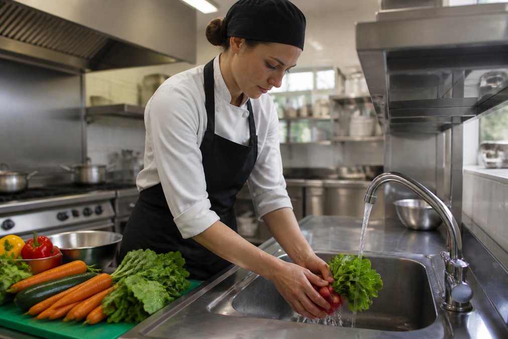 Chef washing fresh vegetables in a clean kitchen during food safety training