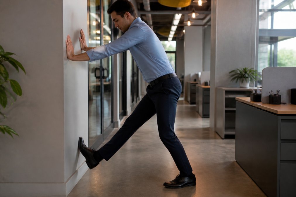 Person performing a foot stretch against a wall with one leg extended, demonstrating proper stretching form after a long workday, with natural office lighting