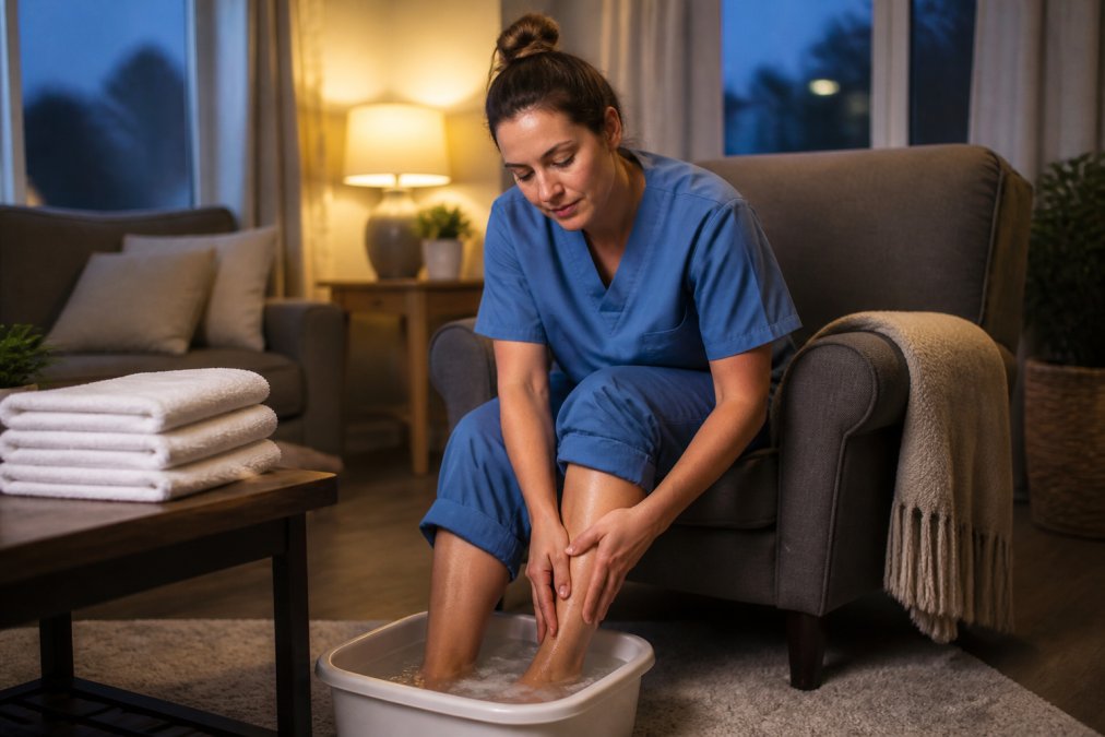 A nurse relaxing at home, soaking swollen feet in mineral foot care products after a long shift.