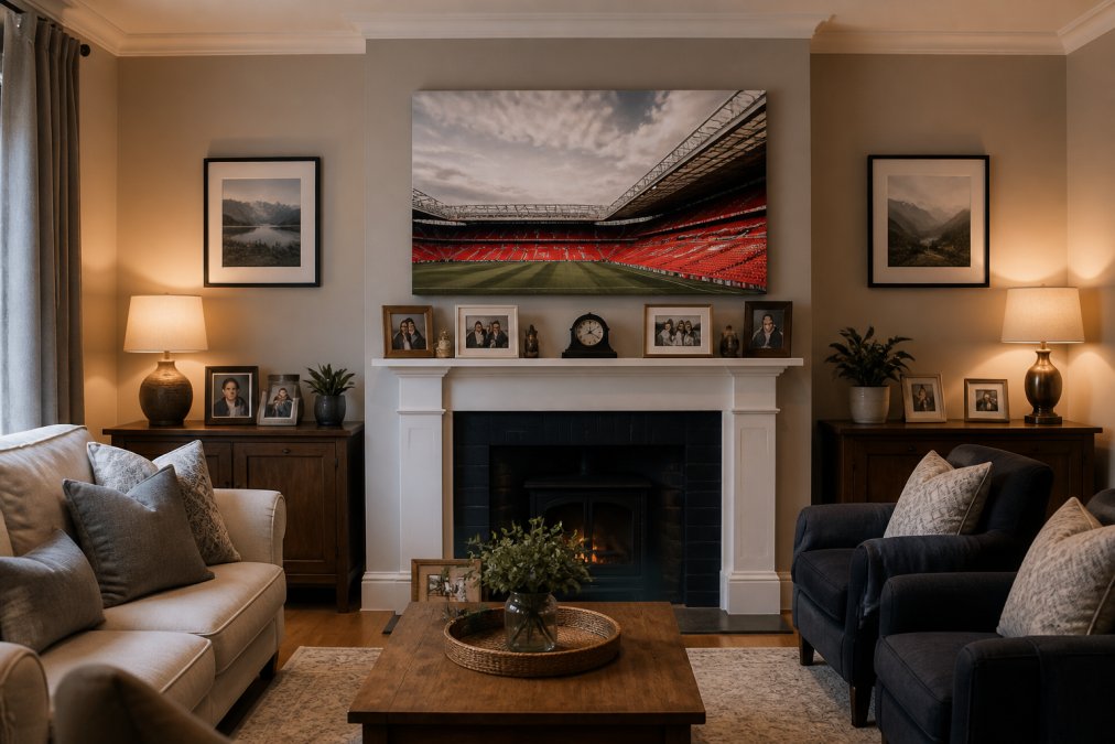 A shared living room with a medium-sized Old Trafford canvas print displayed above a fireplace mantel, flanked by neutral landscape photography and family photos, with comfortable seating and warm lighting that shows sophisticated integration of football decor into a mature, shared home interior