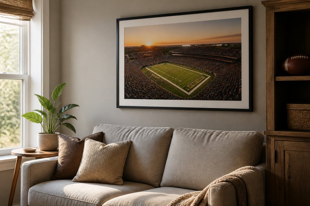 A cozy living room corner with a large framed football stadium print above a neutral sofa, a small green plant on a side table, and a football resting on a wooden shelf, warm afternoon light