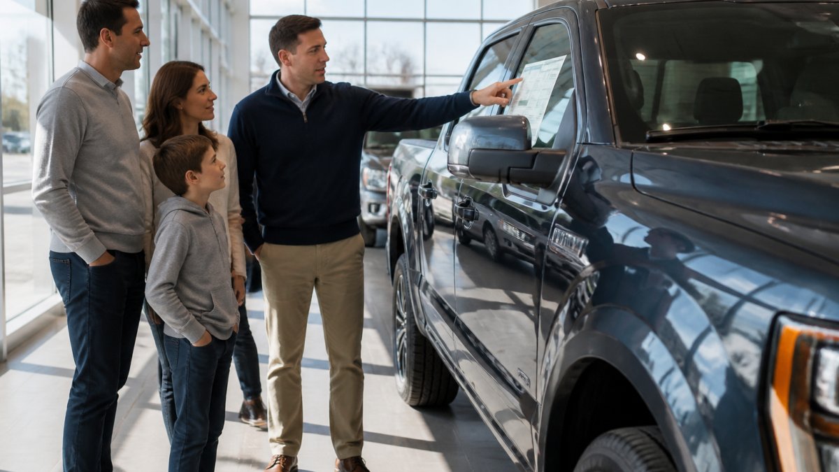 A family walking through a bright Ford dealership showroom, looking at a new F-150 truck while a salesperson points out features on the window sticker