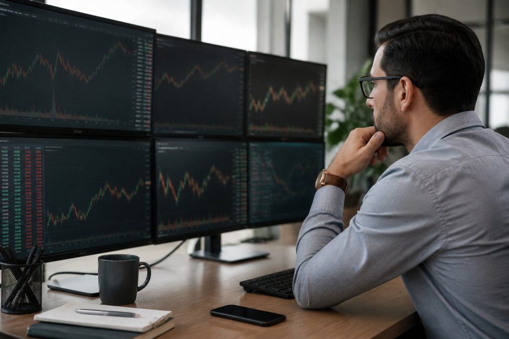 Professional trader at desk with multiple monitors displaying currency charts and live price feeds, analyzing market data in modern office setting with natural lighting